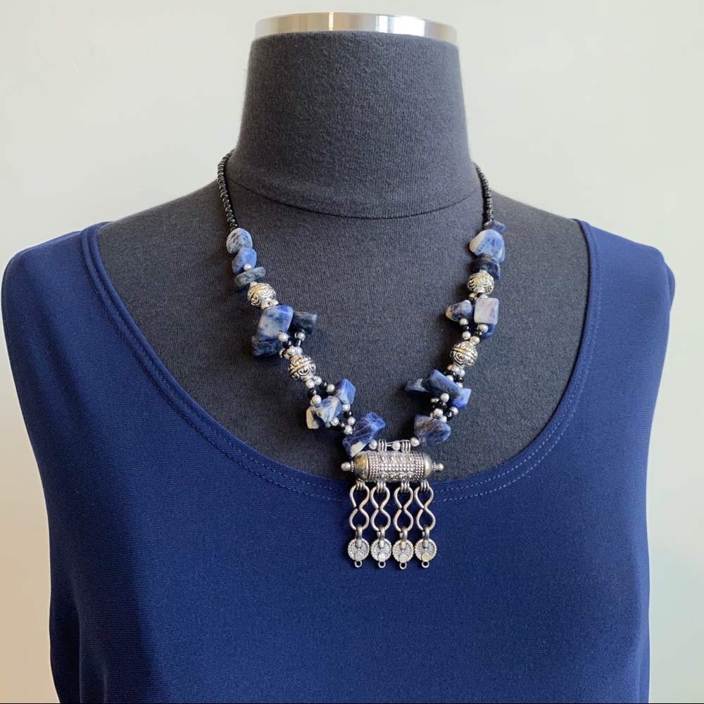 LAST CHANCE SALE!VTG Moroccan Berber Beaded Blue Silver Pendant Tribal Necklace